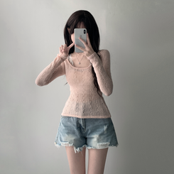 ツーピース 【SET着用可能】シースルーニット レイヤードキャミソール デニムショートパンツ(5color) PINK-TOP
