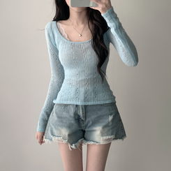 ツーピース 【SET着用可能】シースルーニット レイヤードキャミソール デニムショートパンツ(5color) SKY BLUE-TOP