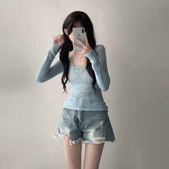 ツーピース 【SET着用可能】シースルーニット レイヤードキャミソール デニムショートパンツ(5color) SKY BLUE-TOP