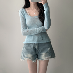 ツーピース 【SET着用可能】シースルーニット レイヤードキャミソール デニムショートパンツ(5color) SKY BLUE-TOP