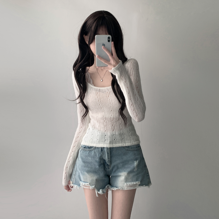 【SET着用可能】シースルーニット レイヤードキャミソール デニムショートパンツ(5color) IVORY-TOP