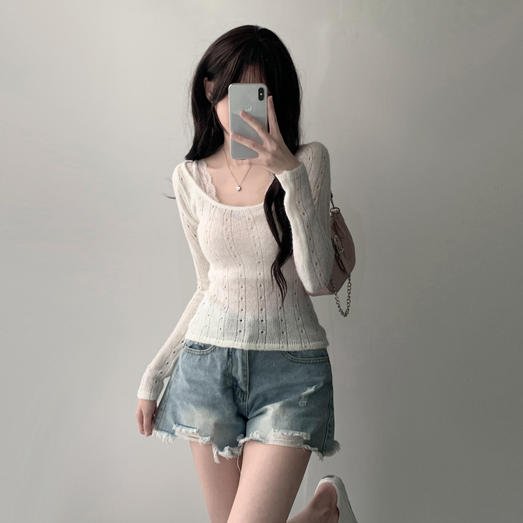 【SET着用可能】シースルーニット レイヤードキャミソール デニムショートパンツ(5color) IVORY-TOP