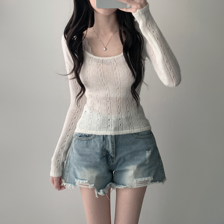【SET着用可能】シースルーニット レイヤードキャミソール デニムショートパンツ(5color) IVORY-TOP