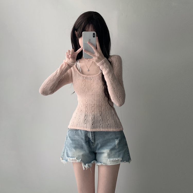 【SET着用可能】シースルーニット レイヤードキャミソール デニムショートパンツ(5color) PINK-TOP