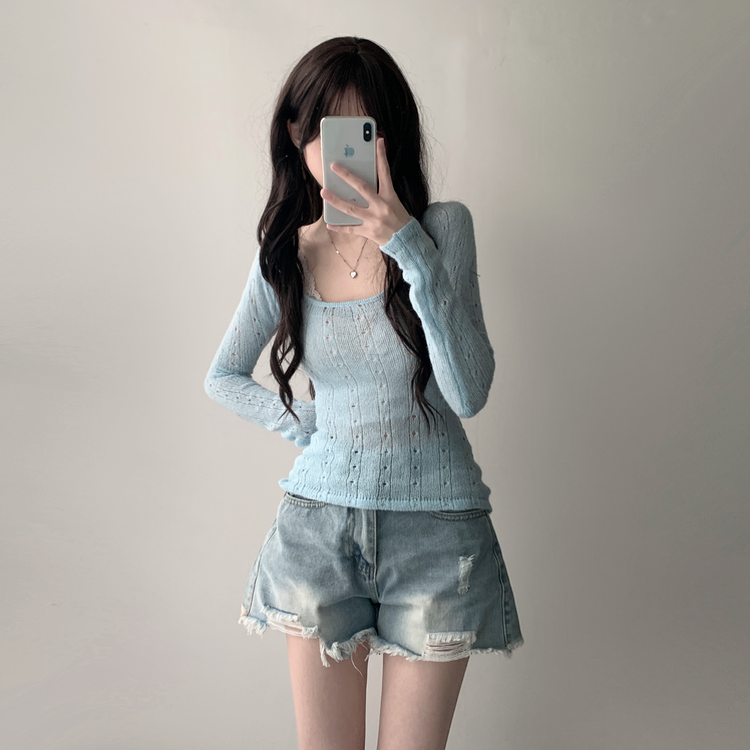 ツーピース 【SET着用可能】シースルーニット レイヤードキャミソール デニムショートパンツ(5color) SKY BLUE-TOP