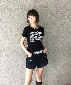 半袖Tシャツ レタリングセミクロップ半袖Tシャツ BLACK