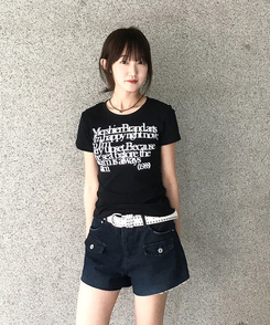 半袖Tシャツ レタリングセミクロップ半袖Tシャツ BLACK
