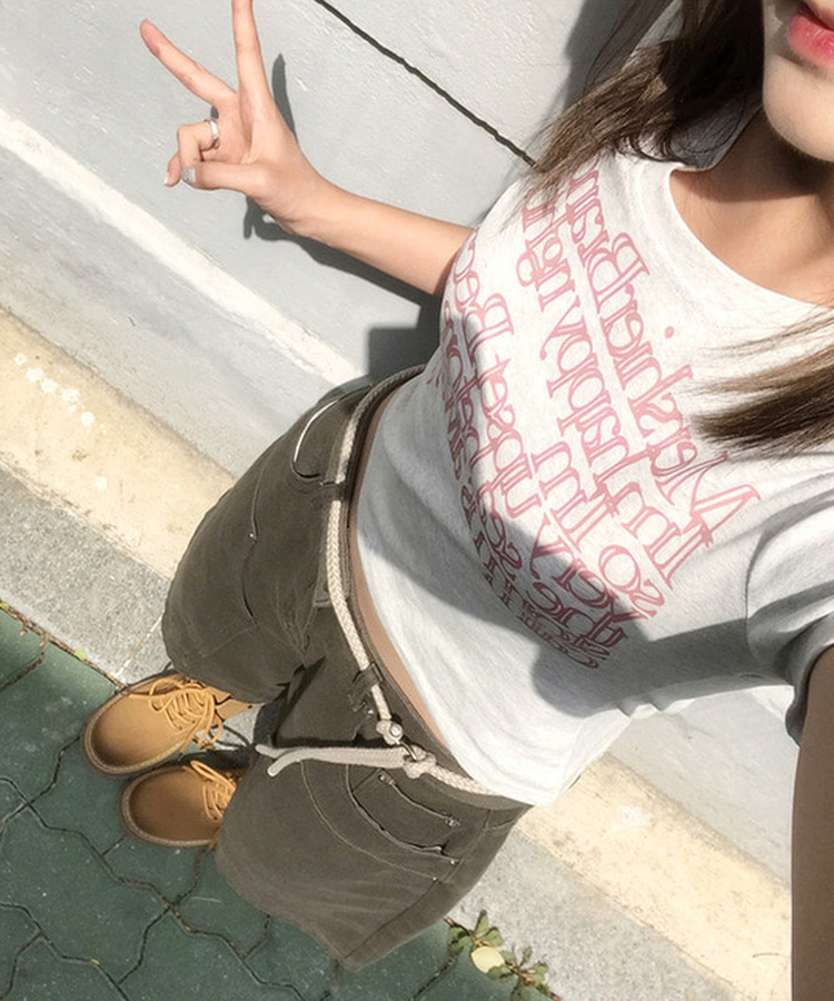 レタリングセミクロップ半袖Tシャツ MERANGE WHITE