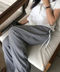 コットンパンツ チェッカーバンディングロングパンツ BLACK