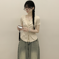 [귀여움/일체형가디건] 도트 레이어드 크롭 키치 반팔가디건 여름 반팔티셔츠 러블리룩 크림