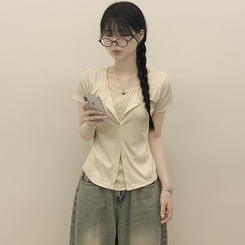 [귀여움/일체형가디건] 도트 레이어드 크롭 키치 반팔가디건 여름 반팔티셔츠 러블리룩 크림