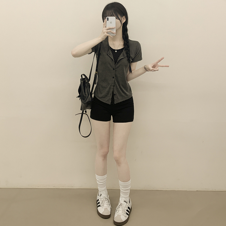 [귀여움/일체형가디건] 도트 레이어드 크롭 키치 반팔가디건 여름 반팔티셔츠 러블리룩 먹색
