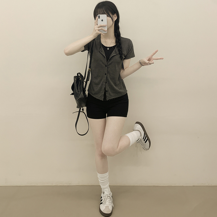 [귀여움/일체형가디건] 도트 레이어드 크롭 키치 반팔가디건 여름 반팔티셔츠 러블리룩 먹색
