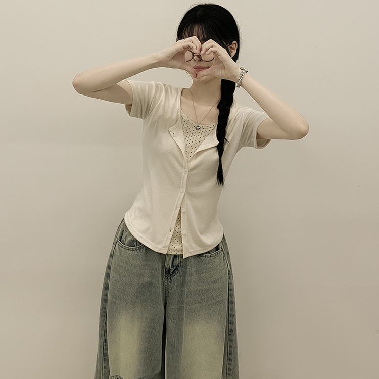 [귀여움/일체형가디건] 도트 레이어드 크롭 키치 반팔가디건 여름 반팔티셔츠 러블리룩 크림
