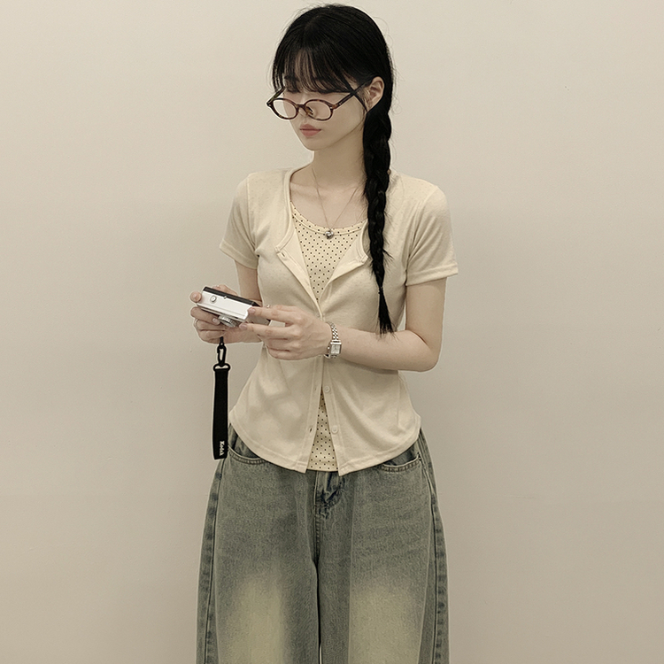 [귀여움/일체형가디건] 도트 레이어드 크롭 키치 반팔가디건 여름 반팔티셔츠 러블리룩 크림