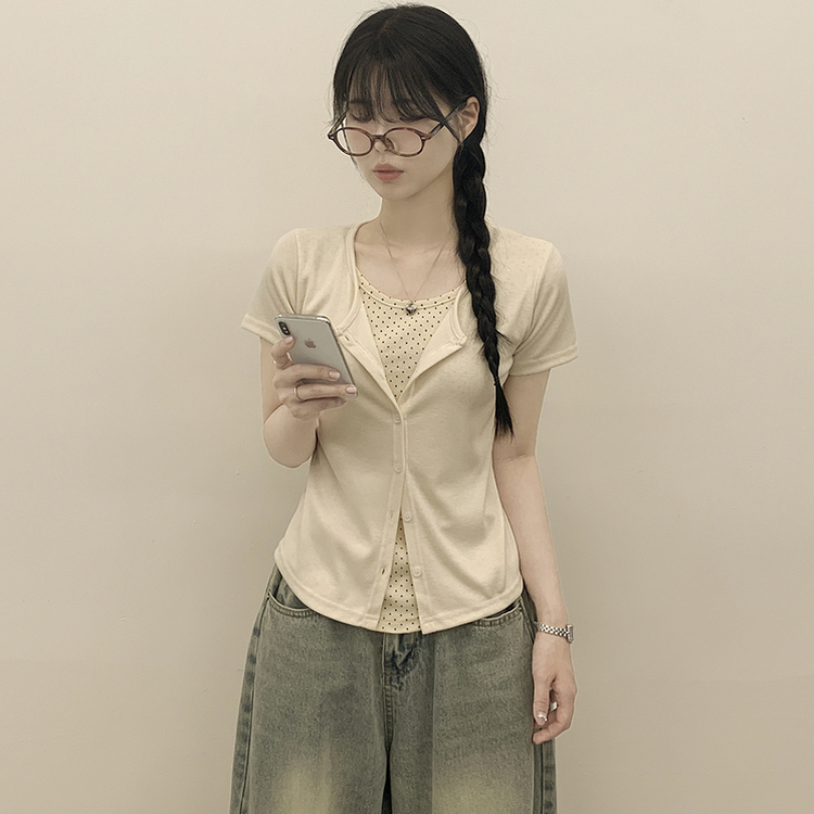 [귀여움/일체형가디건] 도트 레이어드 크롭 키치 반팔가디건 여름 반팔티셔츠 러블리룩 크림