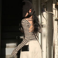 バックレスストラップ長袖Tシャツ BLACK