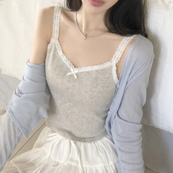 [하트펀칭]레이스 하트 펀칭 리본 탑 나시 슬리브리스 4color 오트밀