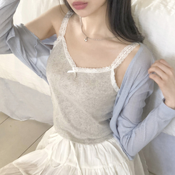 [하트펀칭]레이스 하트 펀칭 리본 탑 나시 슬리브리스 4color 오트밀