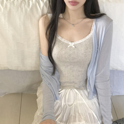 [하트펀칭]레이스 하트 펀칭 리본 탑 나시 슬리브리스 4color 오트밀