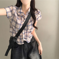 シャツ シャーリングチェック半袖シャツ SKY BLUE