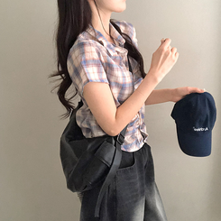 シャツ シャーリングチェック半袖シャツ SKY BLUE