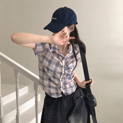 シャツ シャーリングチェック半袖シャツ SKY BLUE
