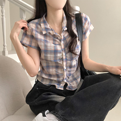 シャツ シャーリングチェック半袖シャツ SKY BLUE