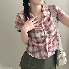 シャツ シャーリングチェック半袖シャツ PINK