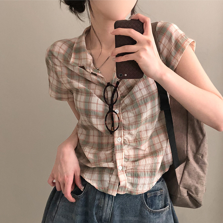 シャーリングチェック半袖シャツ MINT