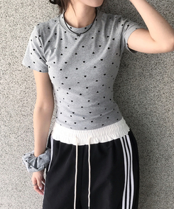 【シュシュ付き】ハートドット半袖Tシャツ MERANGE GRAY