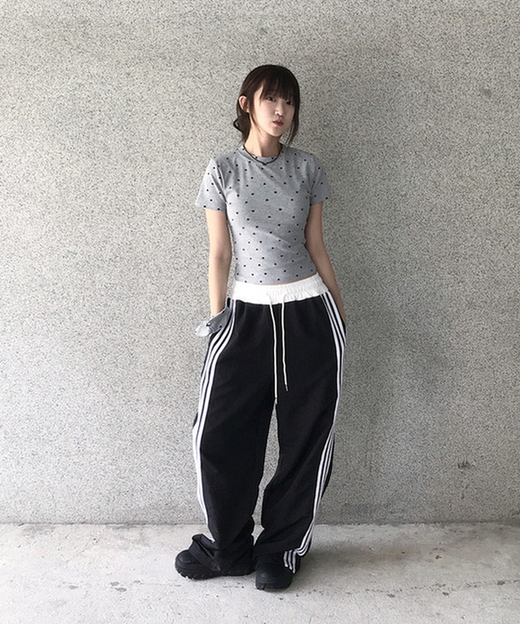 【シュシュ付き】ハートドット半袖Tシャツ MERANGE GRAY