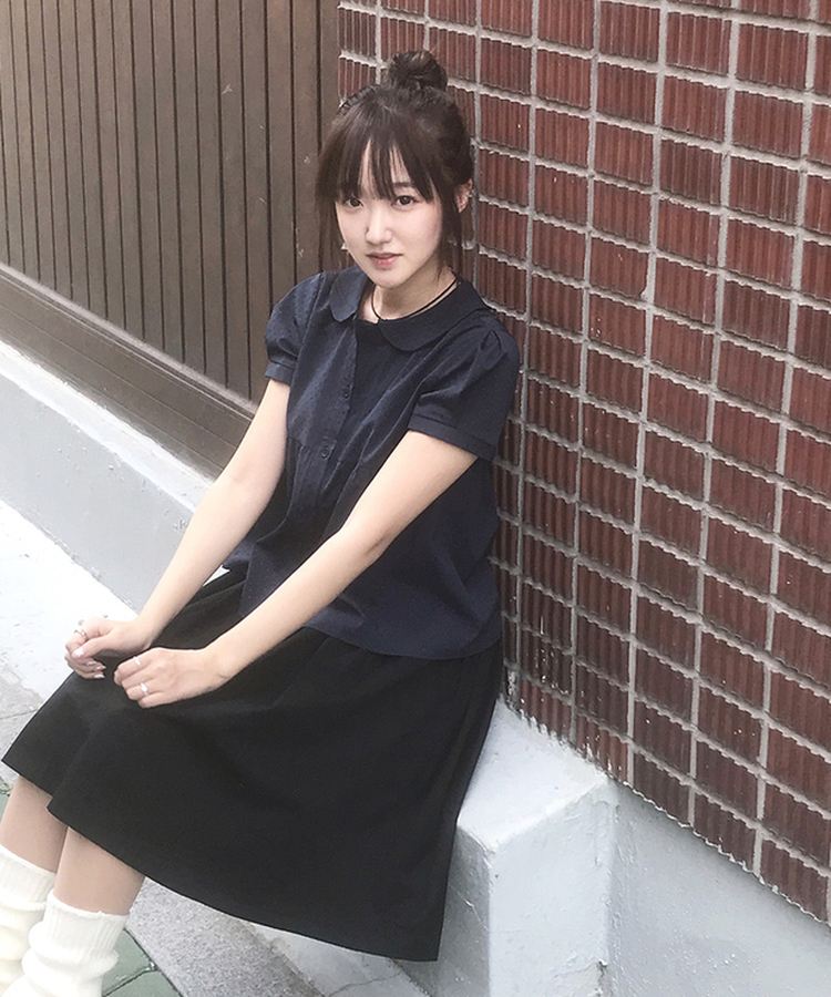 シャーリングコットンミディスカート BLACK