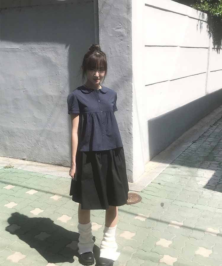 シャーリングコットンミディスカート BLACK