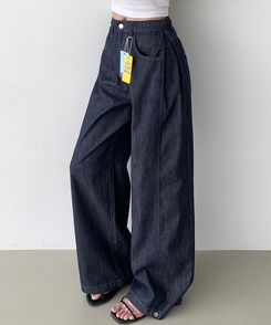 デニム 【丈別】クーリングスナップワイドデニムパンツ DARK DENIM