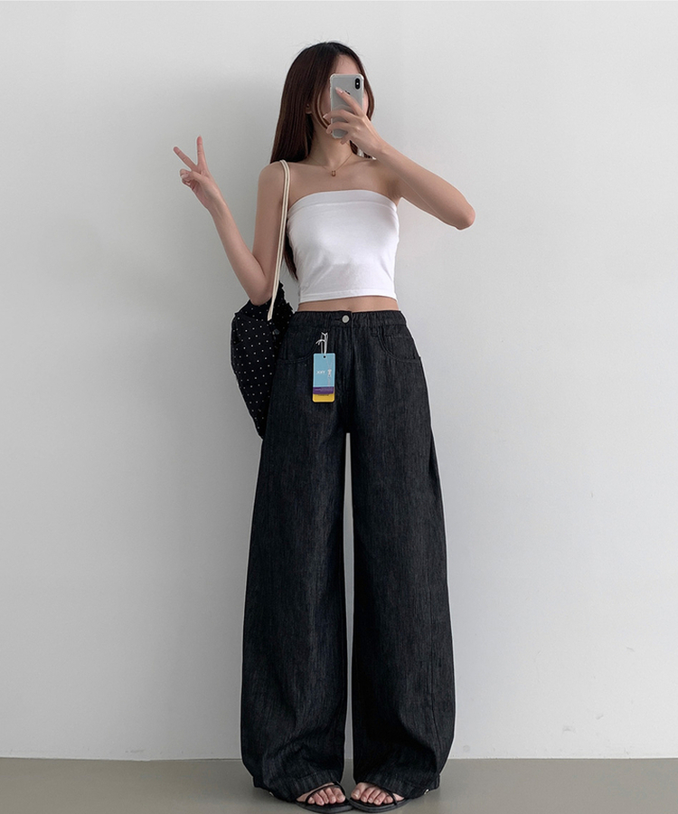 2XL논페이드 여름 쿨링 밴딩 폴딩 절개 밑단스냅 와이드 데님 팬츠 블랙