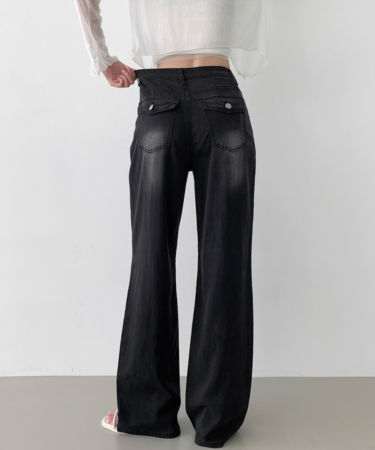 【丈別】テンセルバックポケットワイドデニムパンツ BLACK