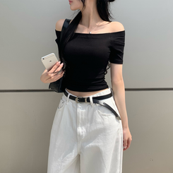 半袖Tシャツ ワンオフショルダベーシック半袖Tシャツ BLACK