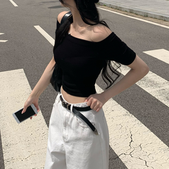 半袖Tシャツ ワンオフショルダベーシック半袖Tシャツ BLACK