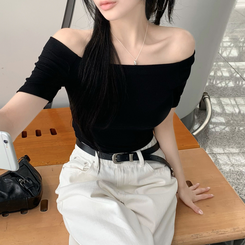 半袖Tシャツ ワンオフショルダベーシック半袖Tシャツ BLACK
