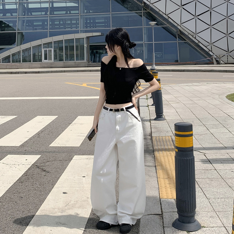 ワンオフショルダベーシック半袖Tシャツ BLACK