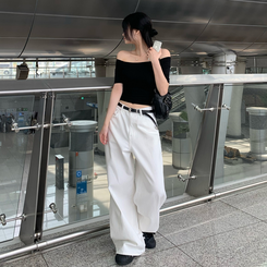 デニム 【丈別】ハイウエストコットンセミワイドパンツ(6color) WHITE