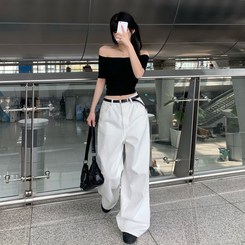 デニム 【丈別】ハイウエストコットンセミワイドパンツ(6color) WHITE
