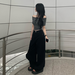 デニム 【丈別】ハイウエストコットンセミワイドパンツ(6color) BLACK
