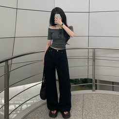 デニム 【丈別】ハイウエストコットンセミワイドパンツ(6color) BLACK