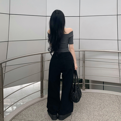 デニム 【丈別】ハイウエストコットンセミワイドパンツ(6color) BLACK