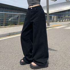 デニム 【丈別】ハイウエストコットンセミワイドパンツ(6color) BLACK