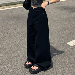 デニム 【丈別】ハイウエストコットンセミワイドパンツ(6color) BLACK