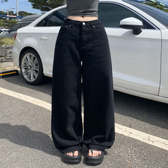 デニム 【丈別】ハイウエストコットンセミワイドパンツ(6color) BLACK