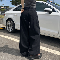 デニム 【丈別】ハイウエストコットンセミワイドパンツ(6color) BLACK